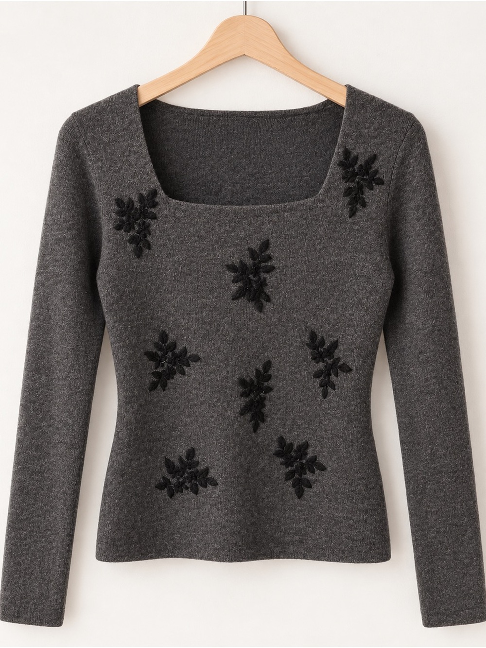 Deane & White 100% Merino Wool Floral Appliqué Square Neck Sweater S